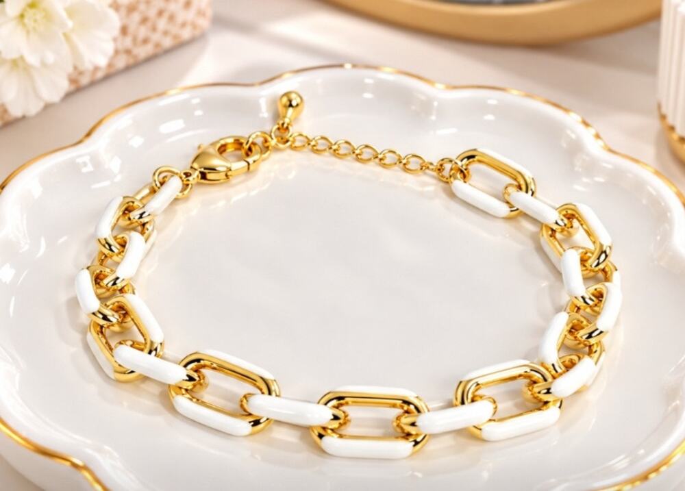 18K Plated Gold White Enamel Link Bracelet